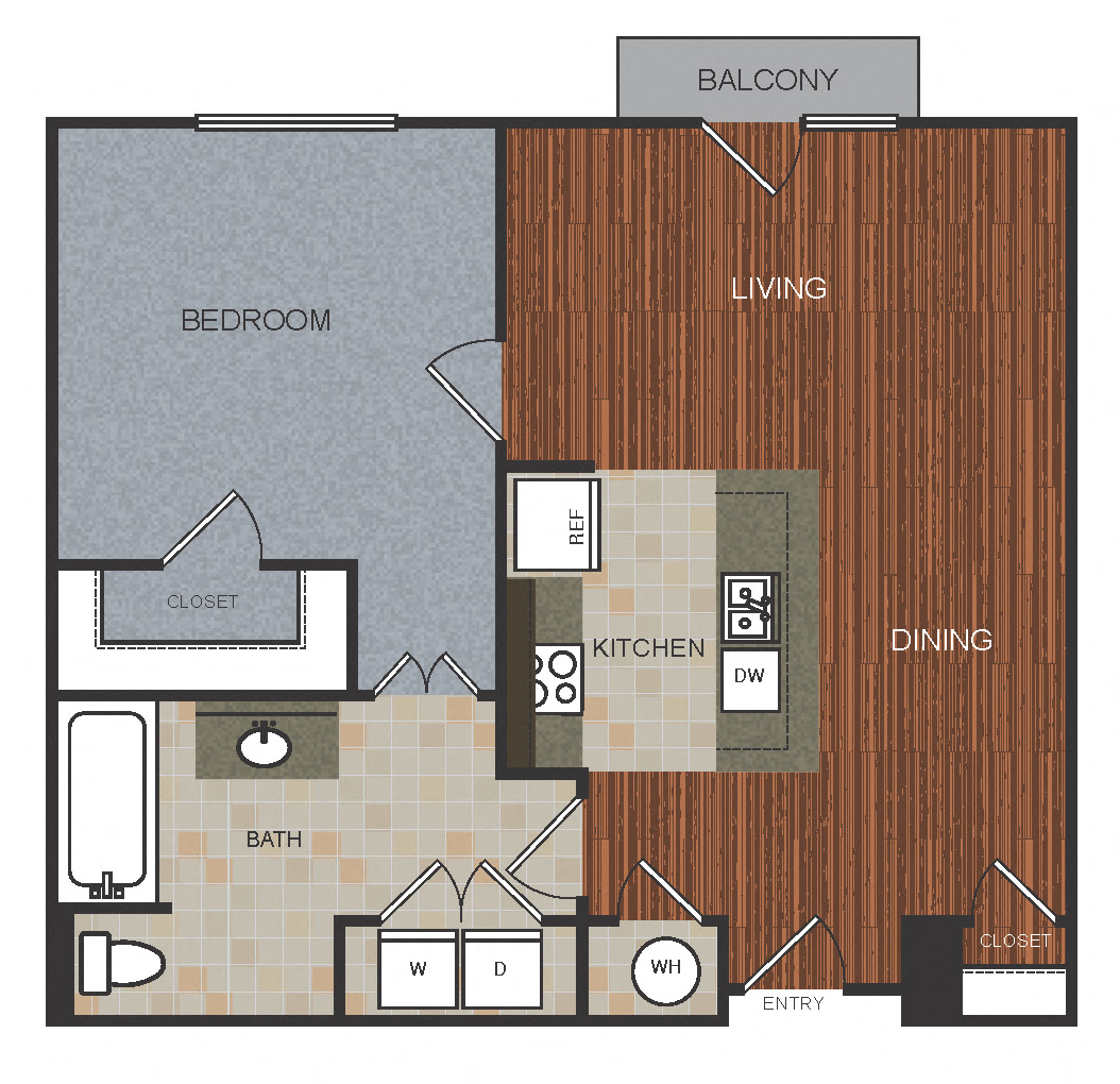 Floor plan for 1 bed, 1 bath, 881 sqft